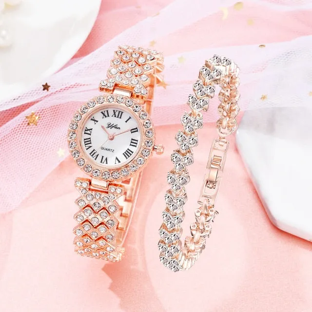 Luxury Women Elegant 2pcs Set Diamond Wristwatch