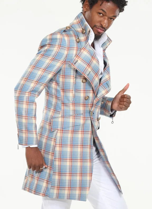 men long coat, plaid blue