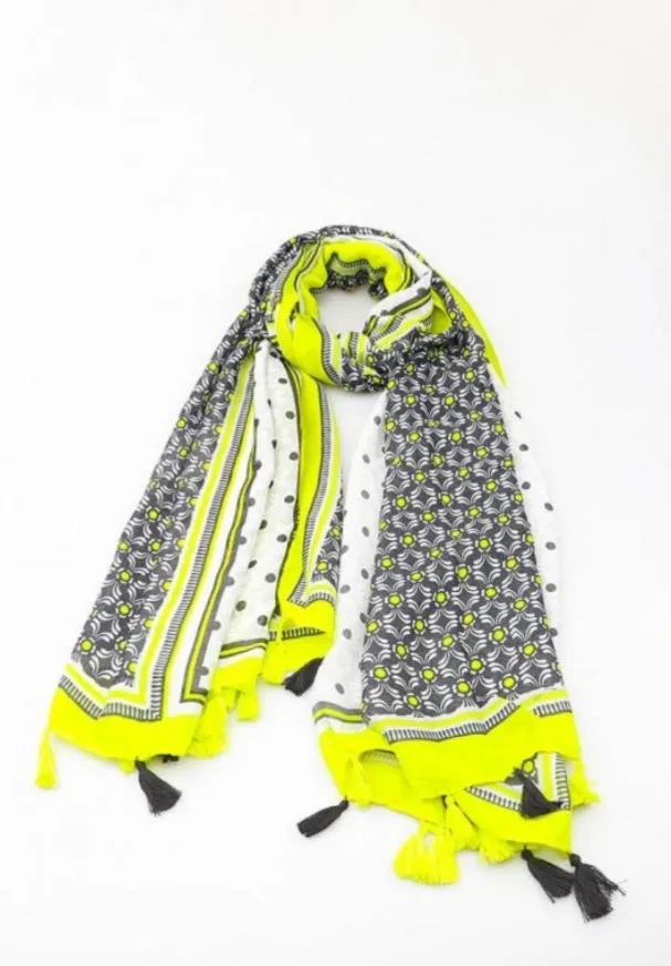 Patterned print scarves with tassels