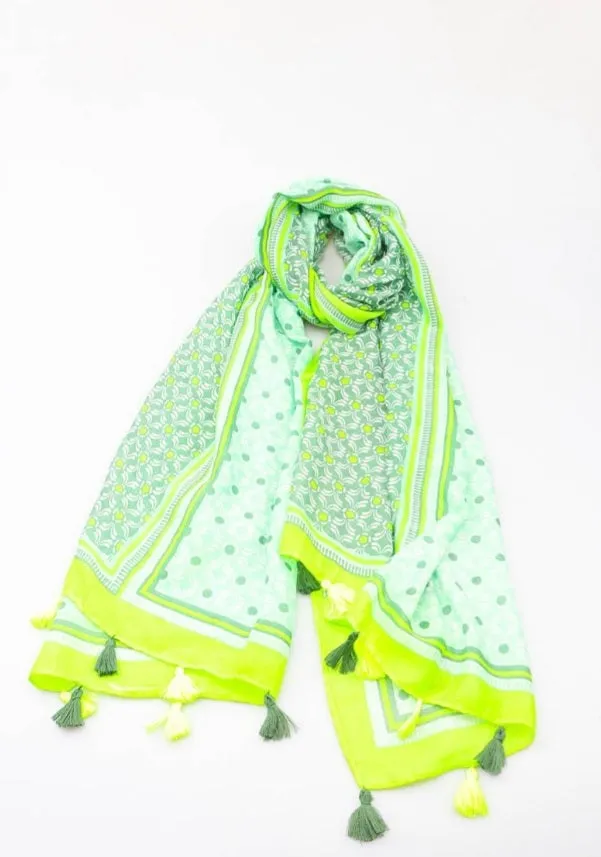 Patterned print scarves with tassels