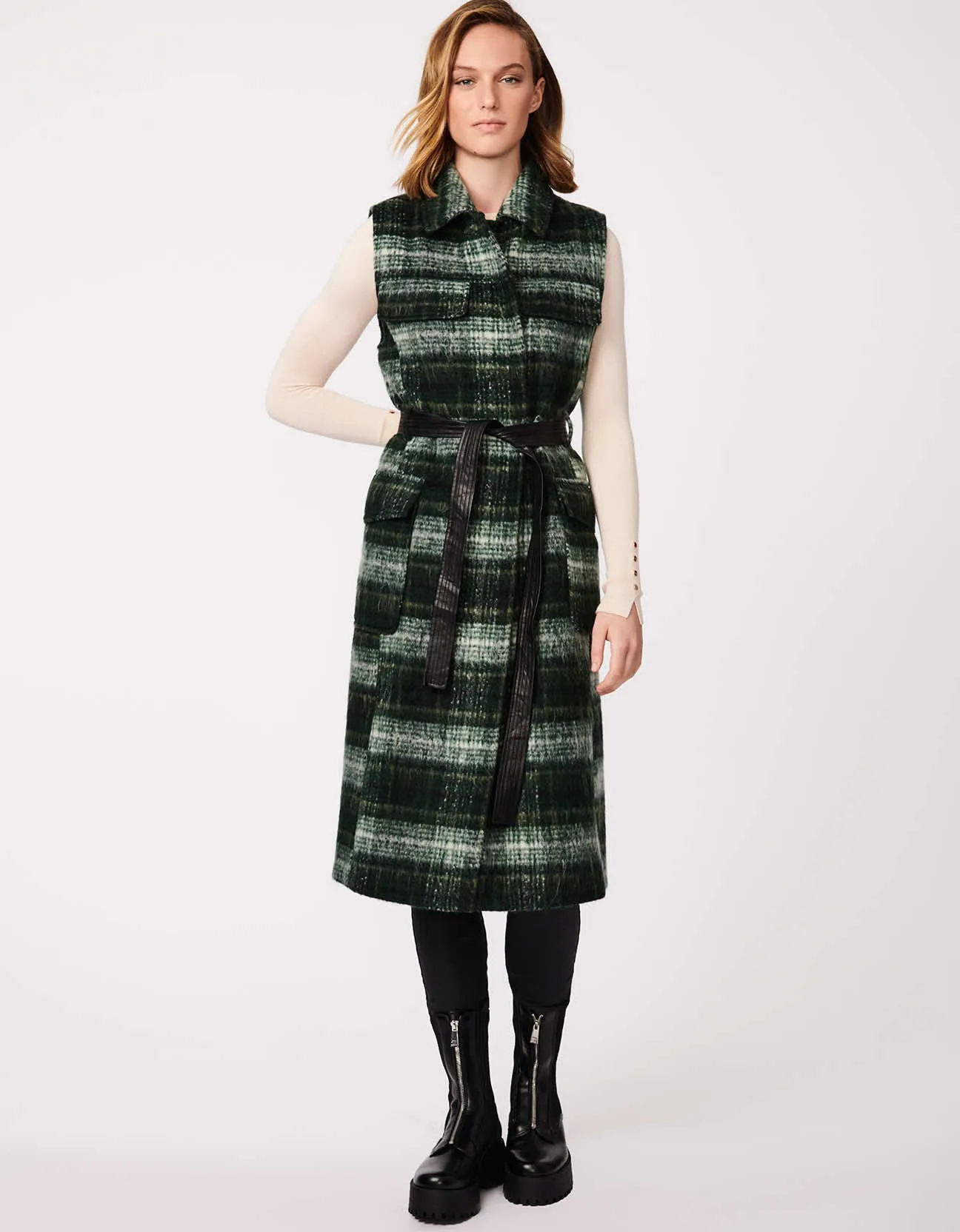 Plaid Belted Long Wool Vest