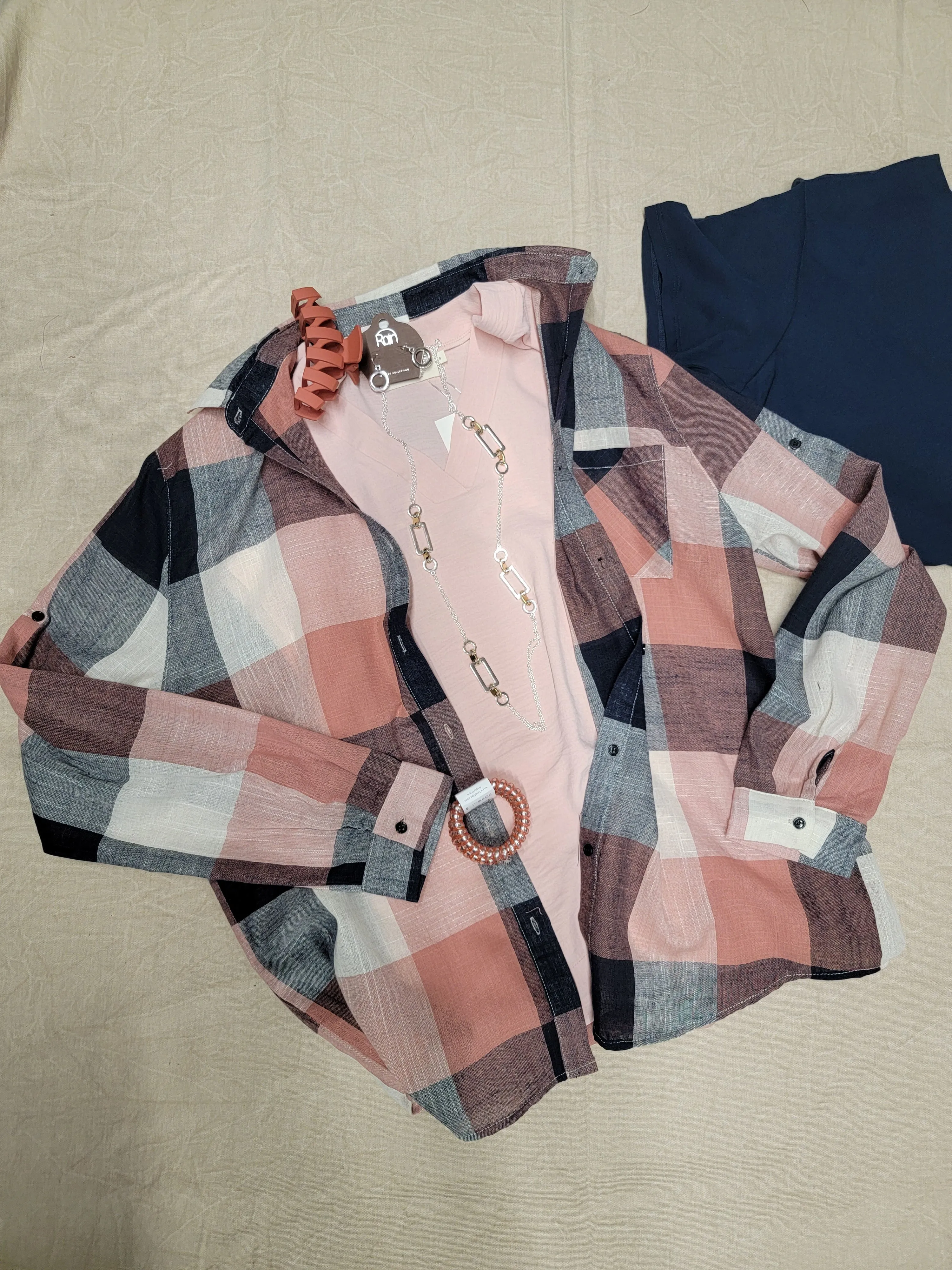 Plaid Button Up - Navy and Pink