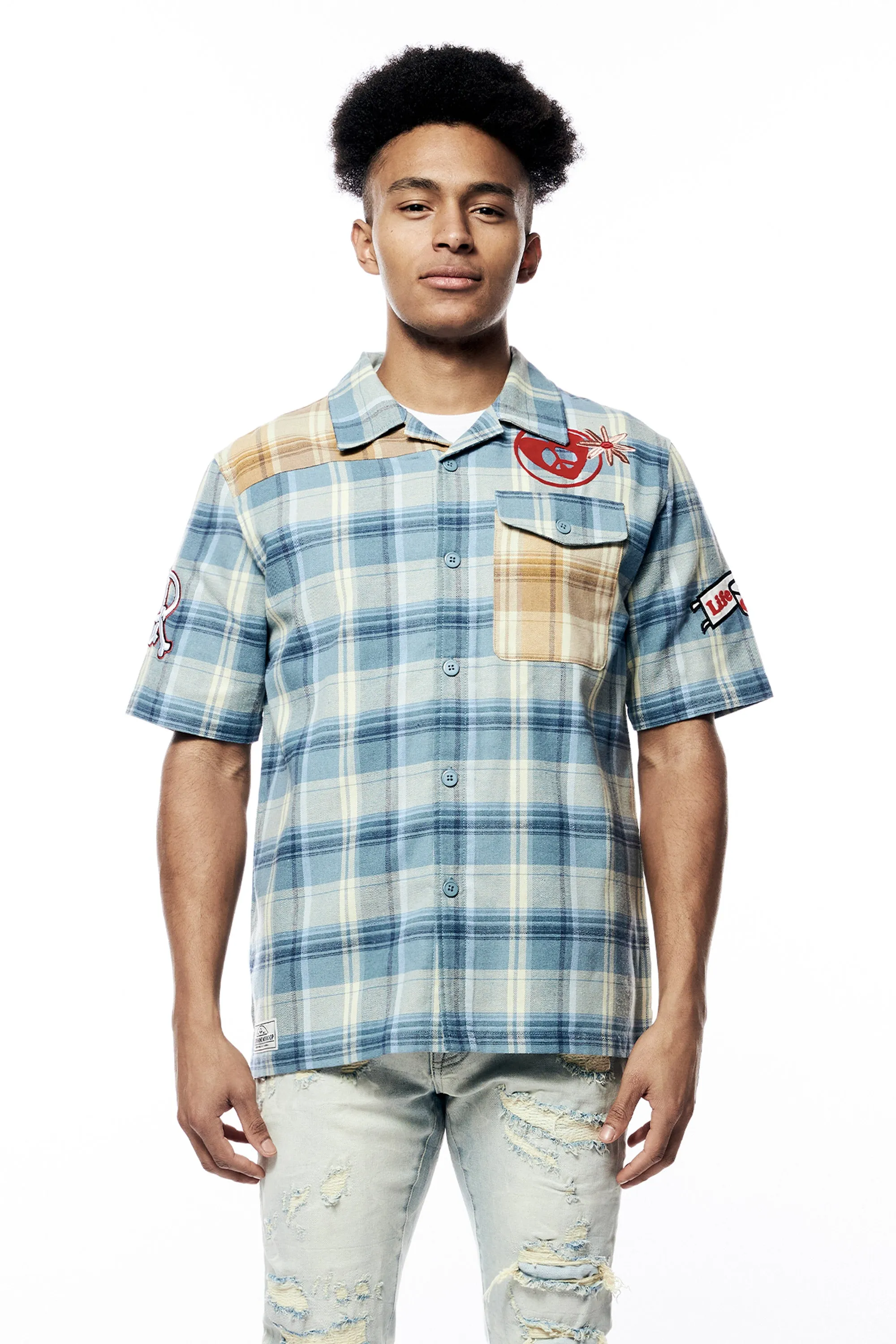 Plaid Color Block Graphic Shirt - Blue Plaid