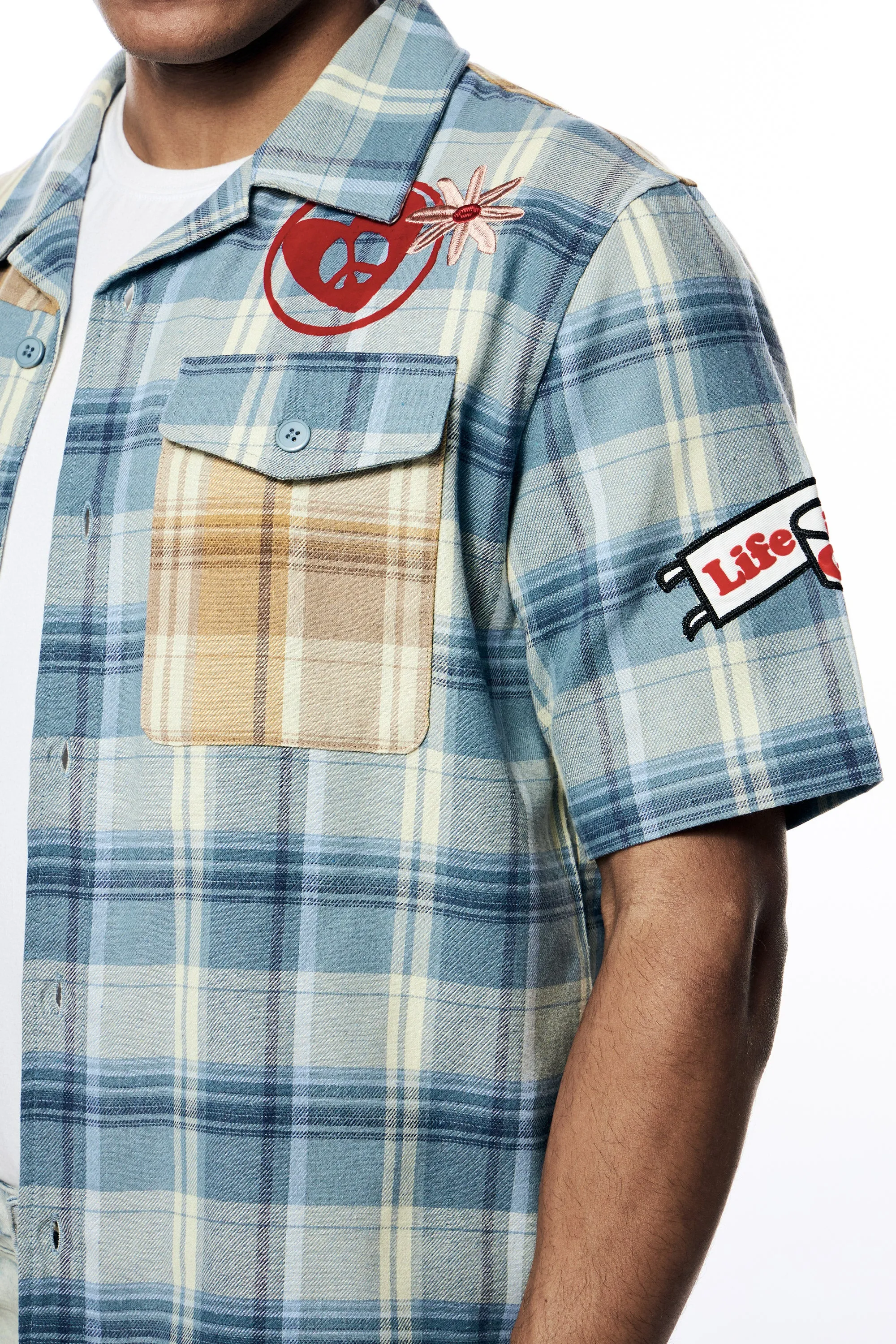 Plaid Color Block Graphic Shirt - Blue Plaid