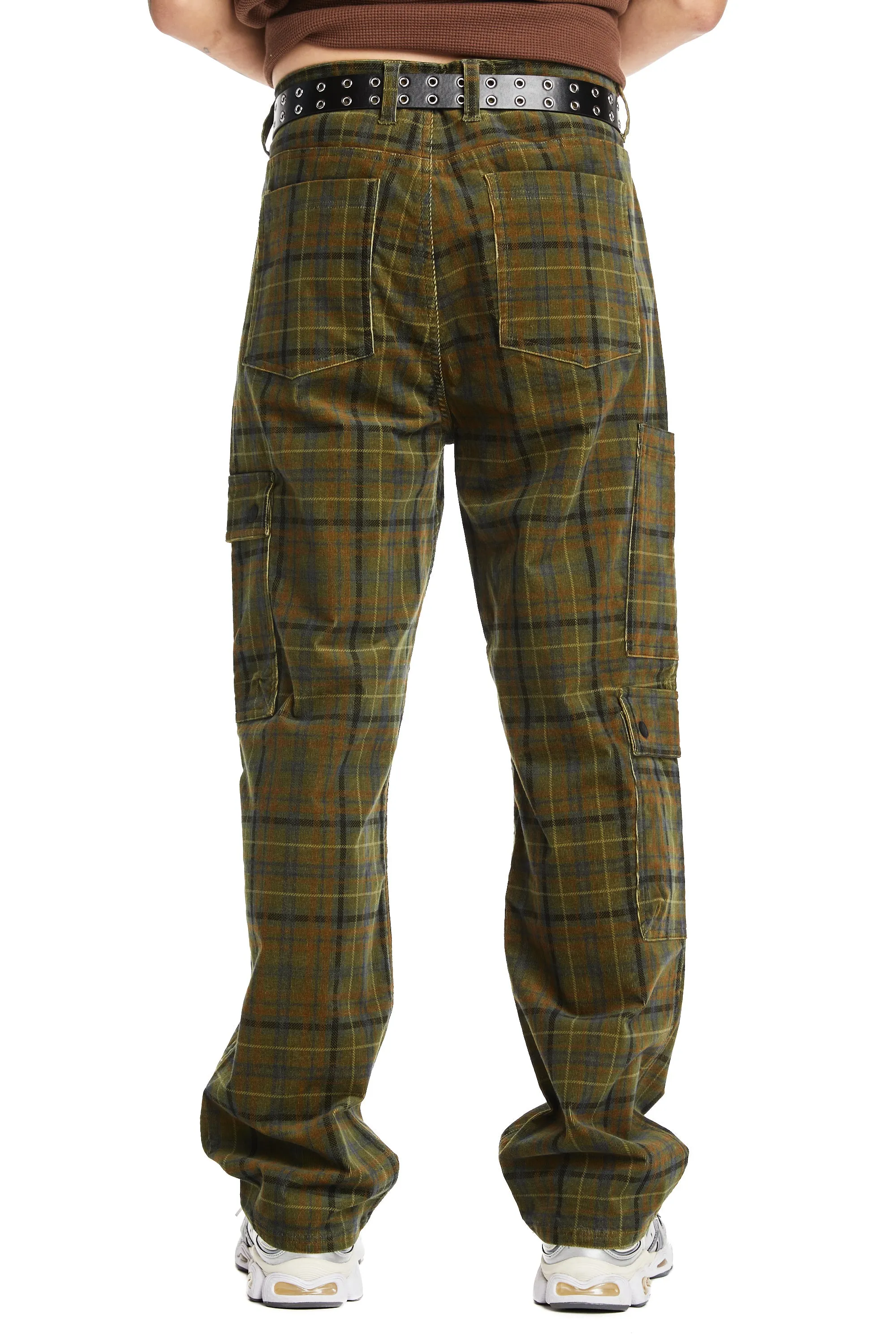 Mens Stylish Plaid Corduroy Cargo Pants with Side Pockets