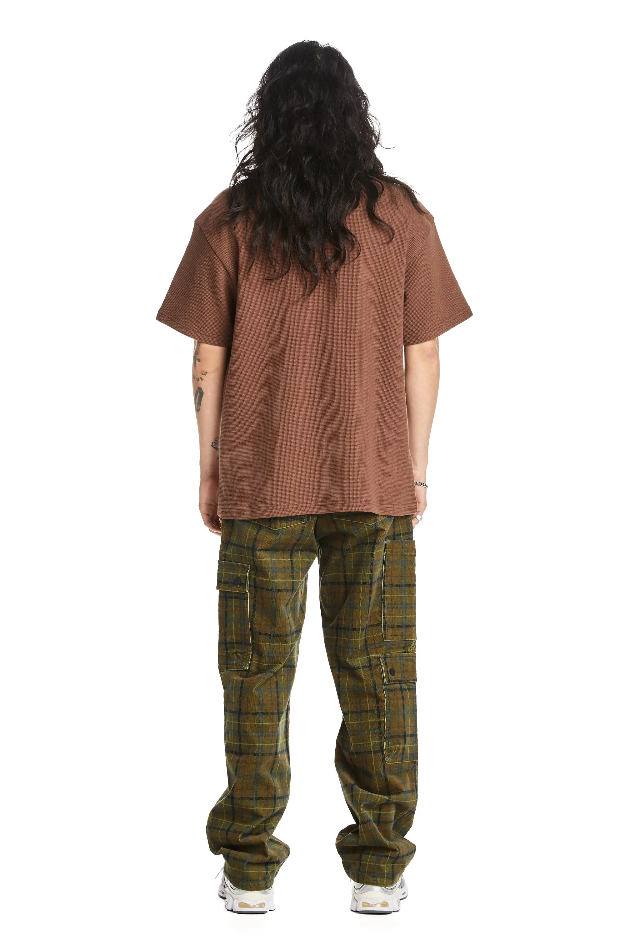 Mens Stylish Plaid Corduroy Cargo Pants with Side Pockets