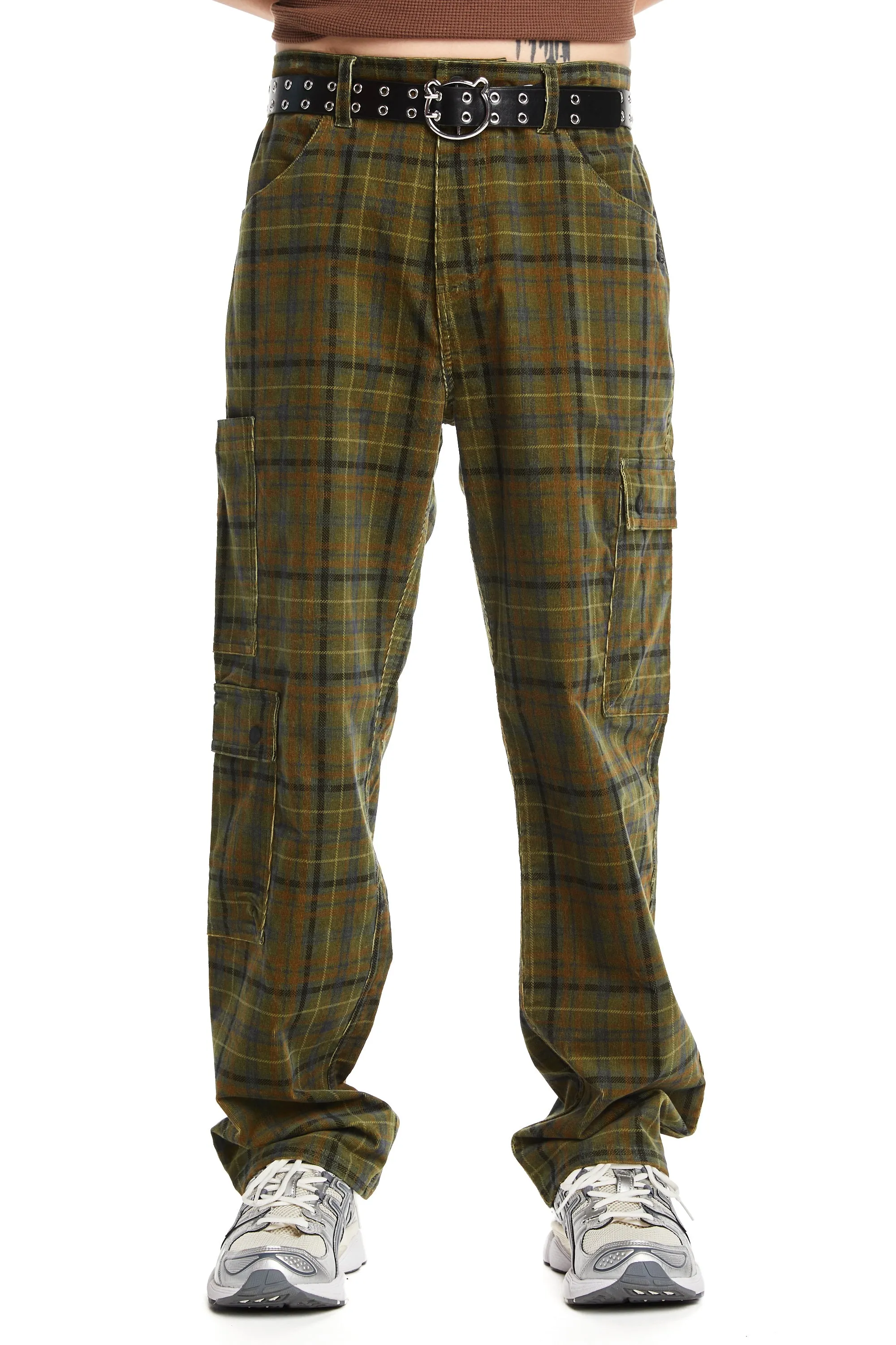 Mens Stylish Plaid Corduroy Cargo Pants with Side Pockets