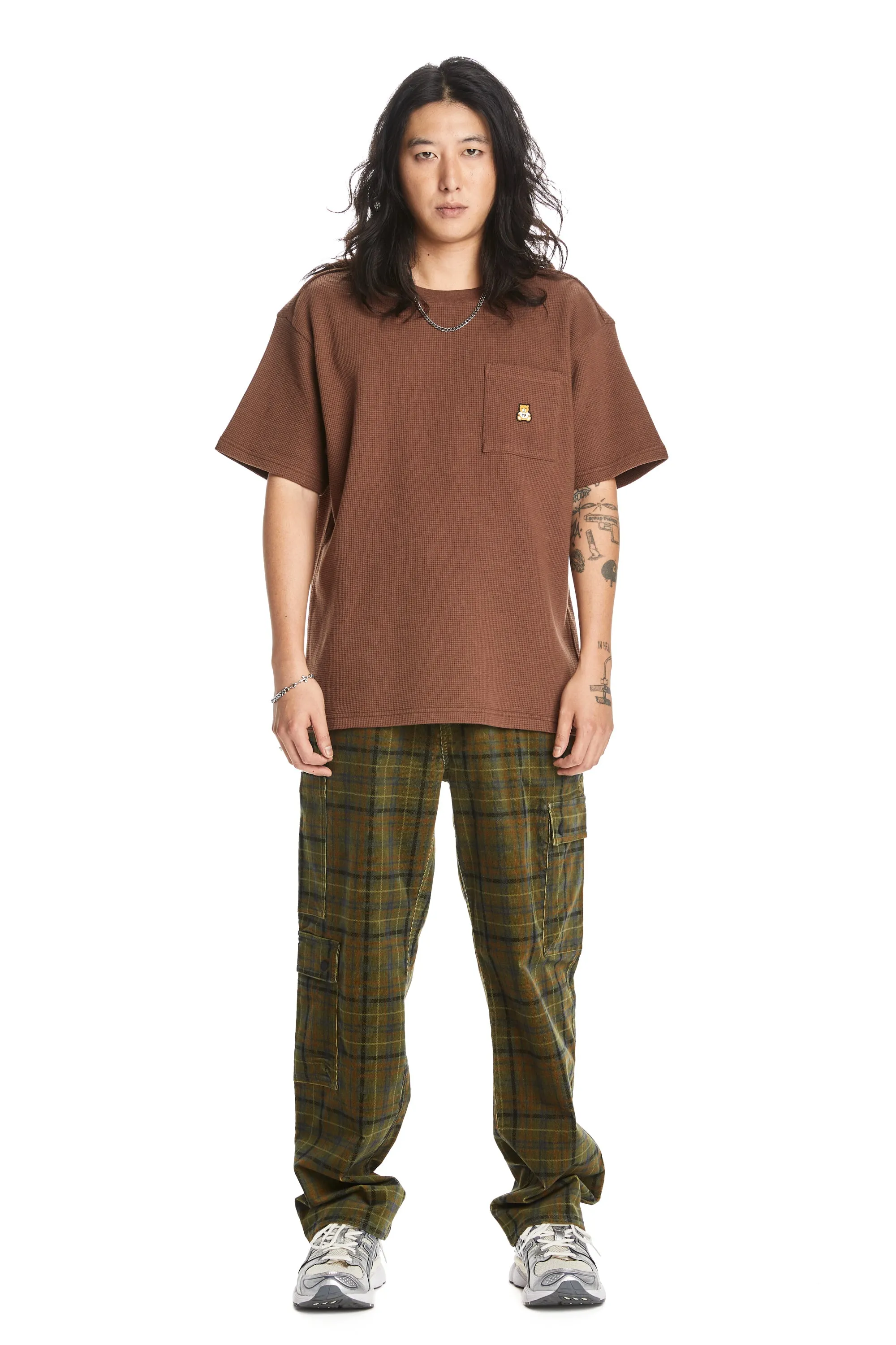 Mens Stylish Plaid Corduroy Cargo Pants with Side Pockets