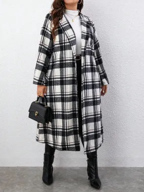 Plus Plaid Lapel Neck Overcoat