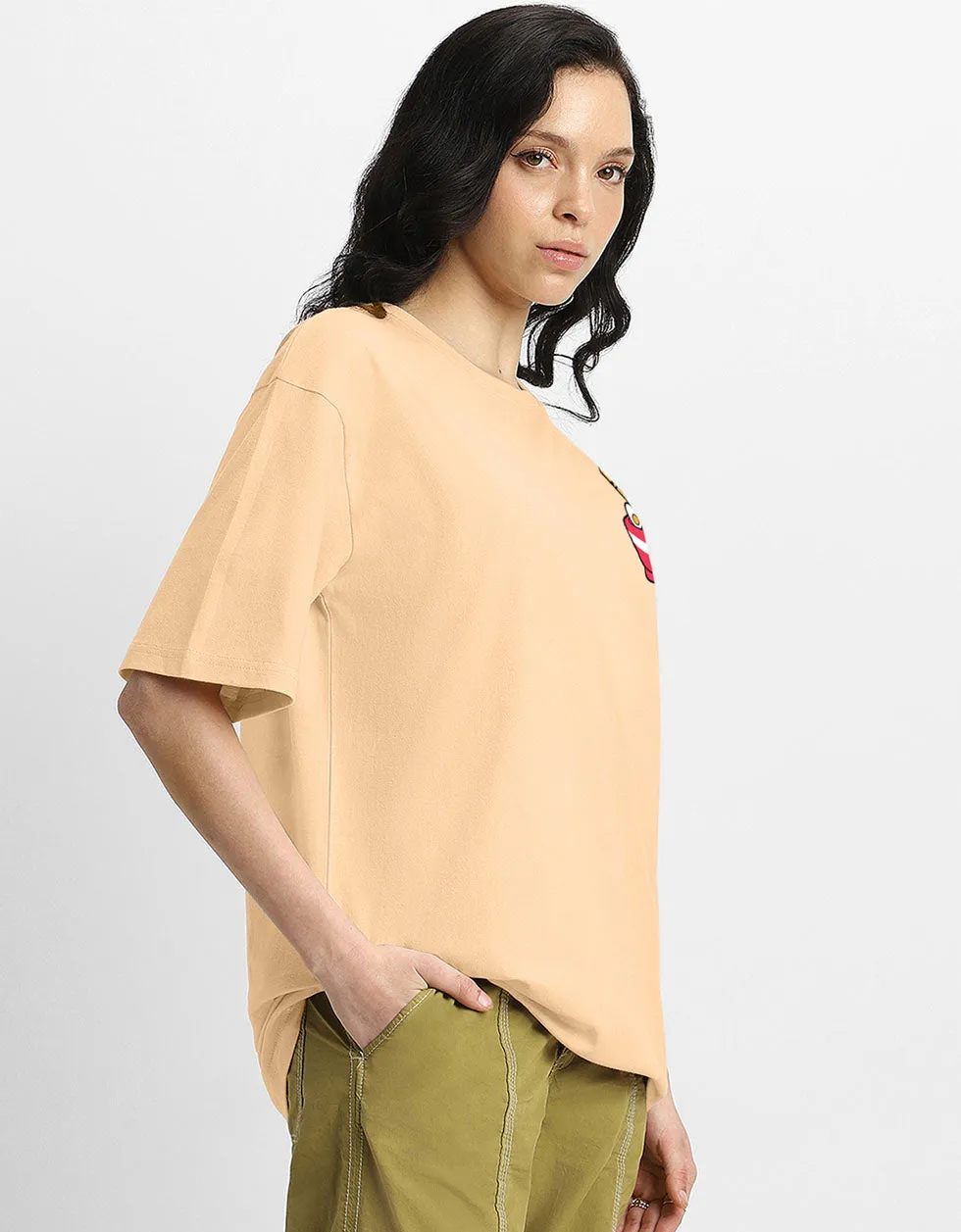 RAMEN Women Printed Beige Oversized Back Graphic Printed Tshirt