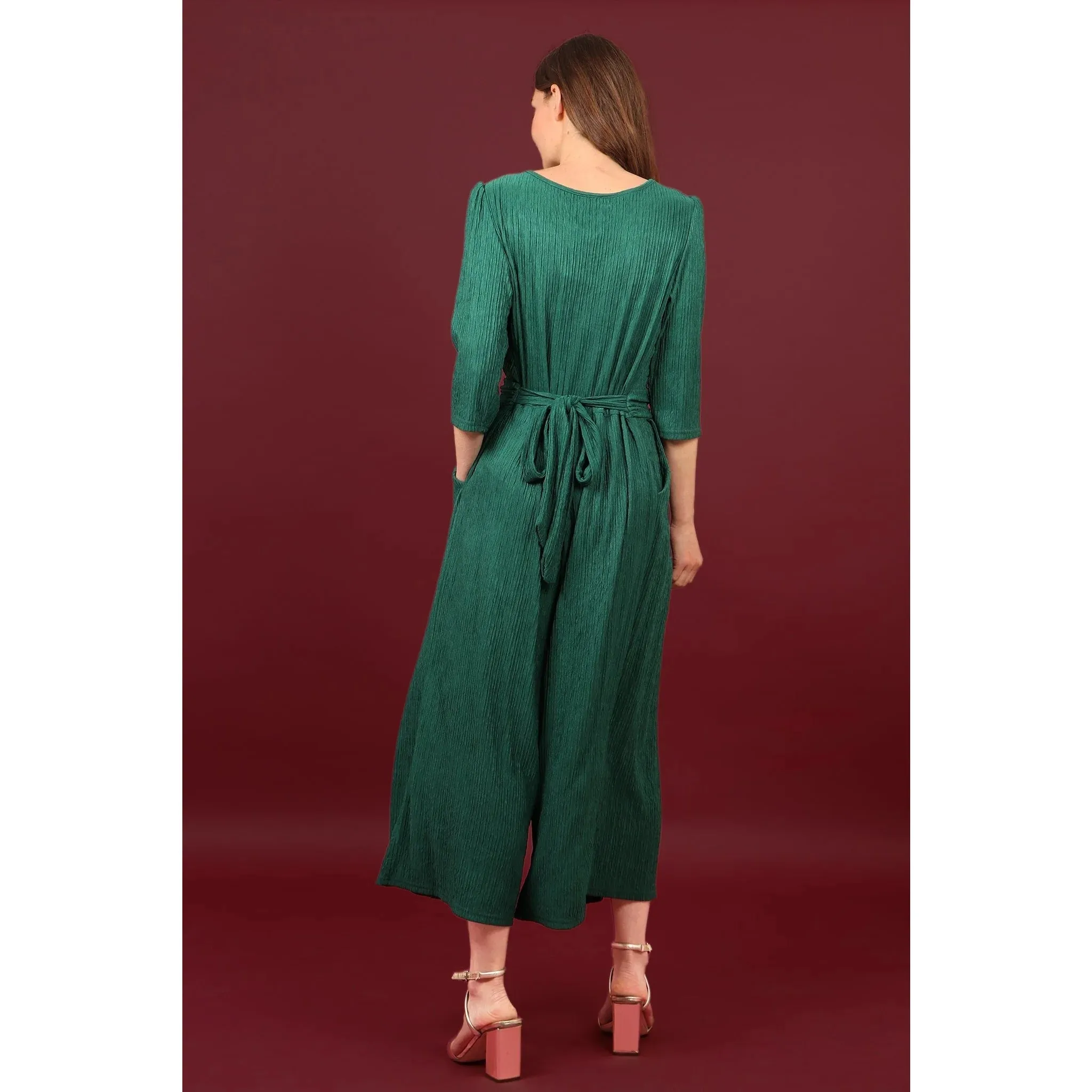 Textured Green Plain Culotte Jumpsuit