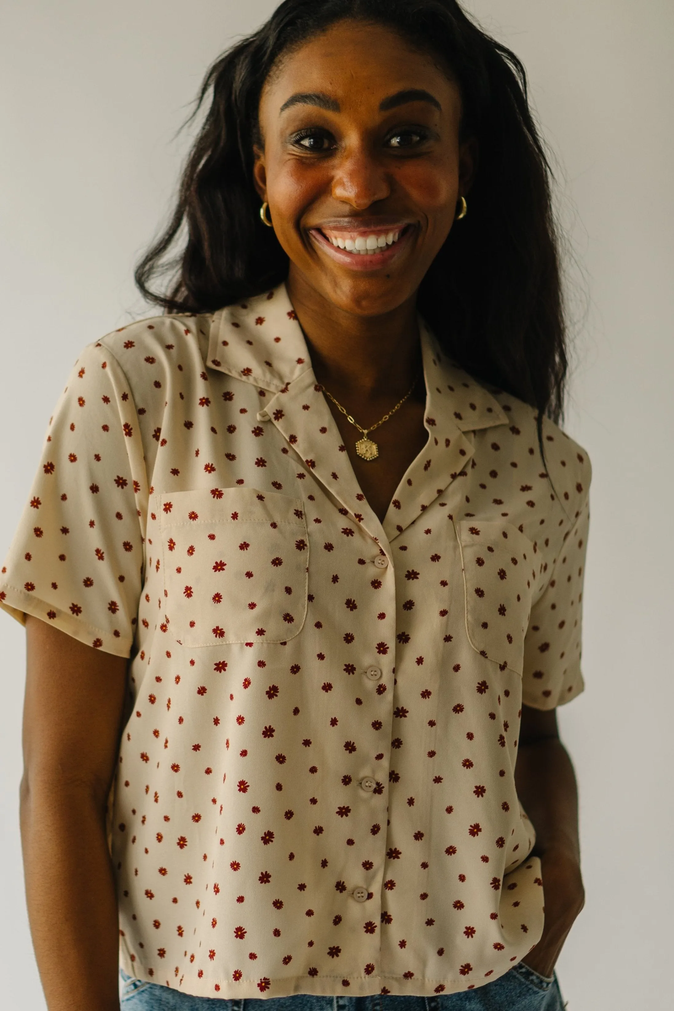 The Cantril Floral Patterned Button-Up Blouse in Light Taupe